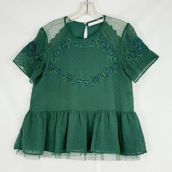 Zara Trafaluc Blouse Small Green Embroidered Ruffle Peplum Top Short Sleeves - Picture 3 of 16